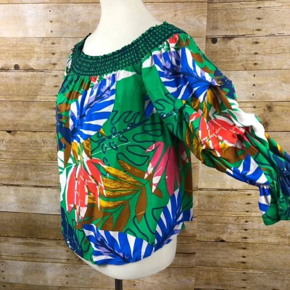 Jealous Tomato Green‎ Tropical Leaf Print Blouse M